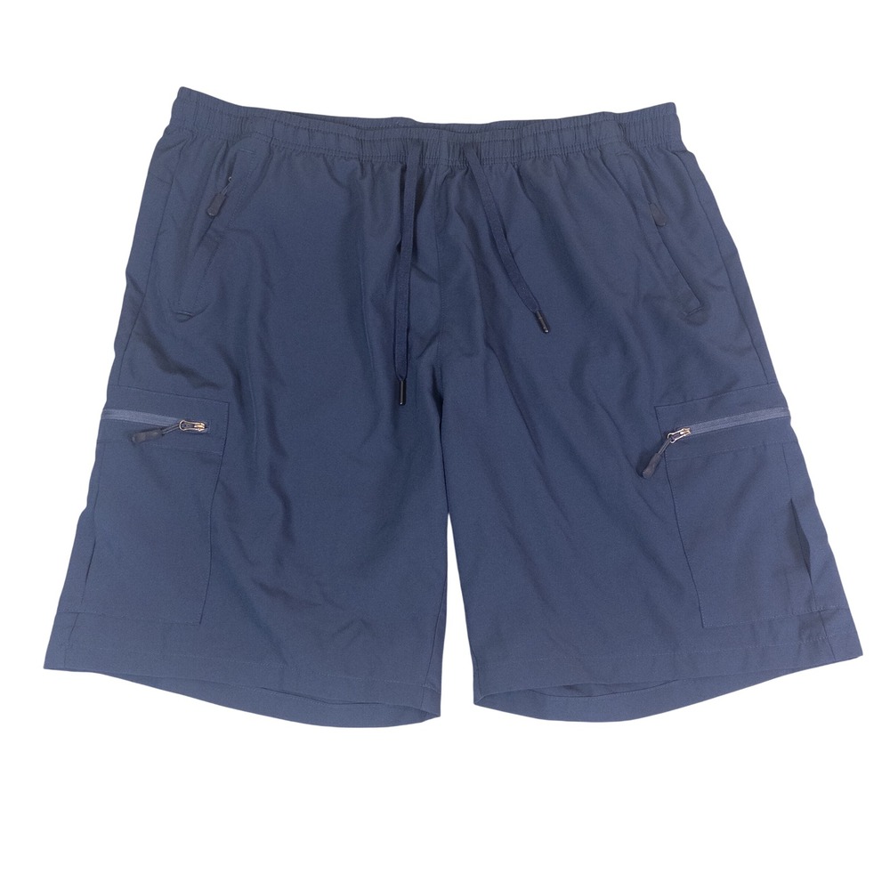 Mens 2XL Navy Blue Elastic Waist Performance Stretch Zipper Pocket Cargo Shorts
